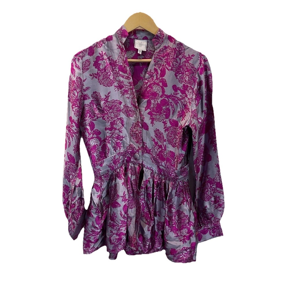 NOBLE 31 Silk Tunic Top S Fuchsia Pink Floral Jacquard Cinch Waist Feminine